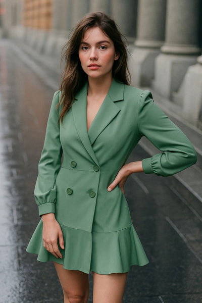 Vestido corto cruzado tipo blazer, fit ajustado, de manga larga abullonada con puño abotonado, solapa, doble cruce de botones y bajo con olanes en borde.