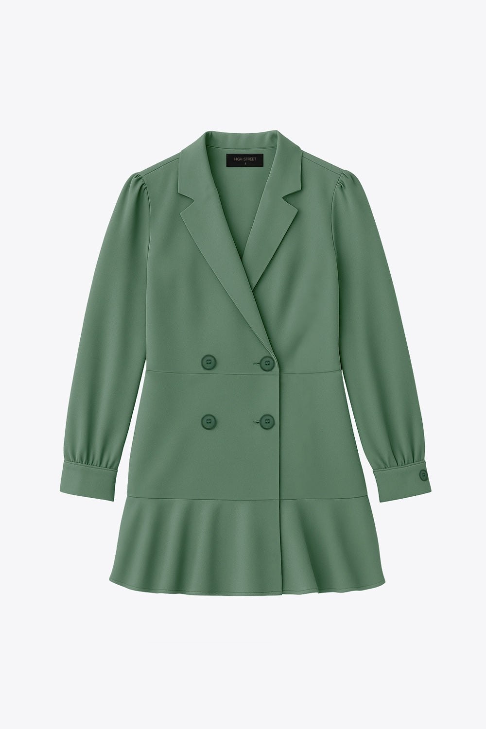 Vestido corto cruzado tipo blazer, fit ajustado, de manga larga abullonada con puño abotonado, solapa, doble cruce de botones y bajo con olanes en borde.