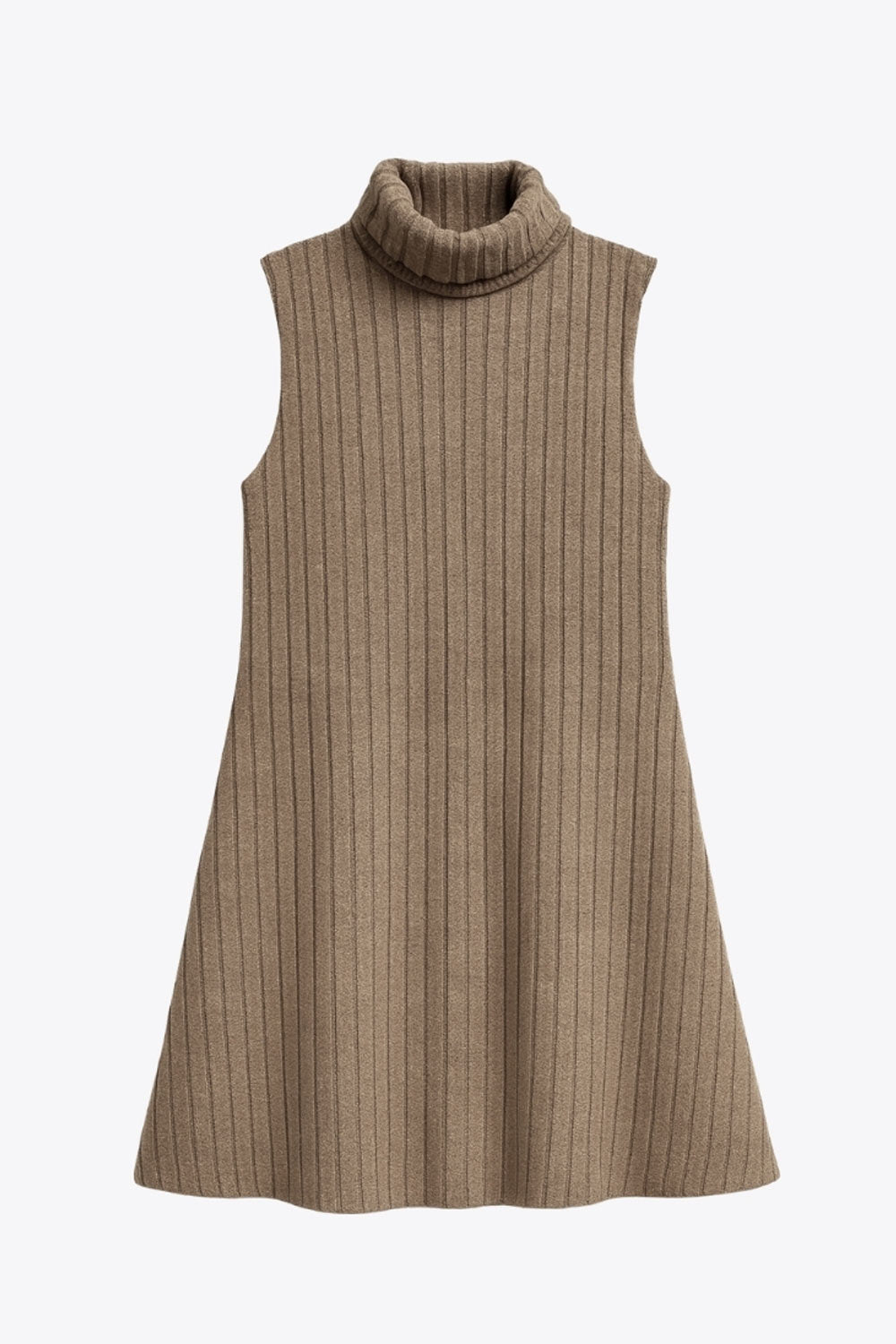 Vestido corto canalé de punto, sin mangas, corte en a y cuello alto con doblez.