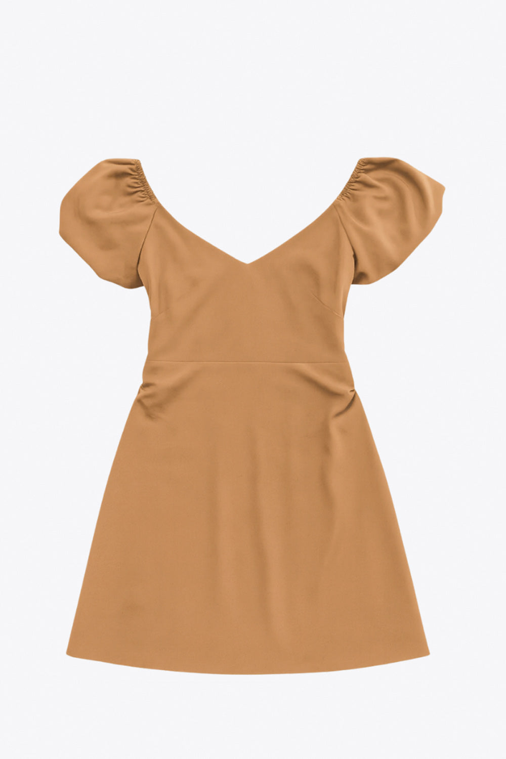 Vestido corto de fit ajustado, manga corta abullonada con rib elástico en bordes, corte en cintura, cut out en espalda con doble elástico plisado y cierre posterior con cremallera oculta.