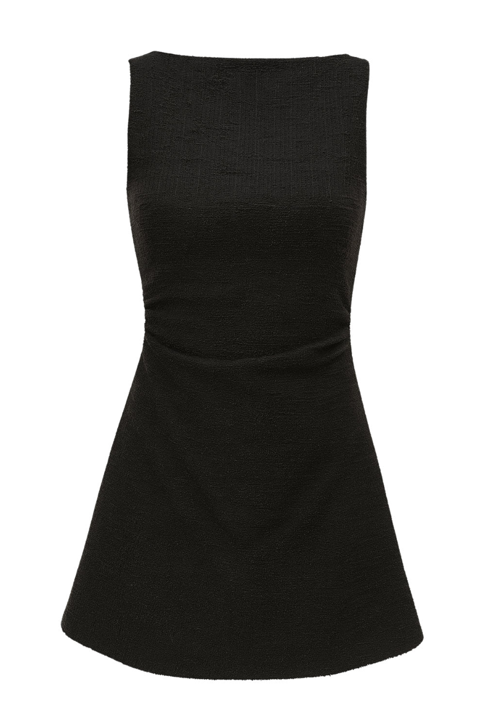 Vestido corto de cuello barco, sin mangas, plisados laterales en cintura, corte en a, rib en bordes y detalle de textura en tejido.