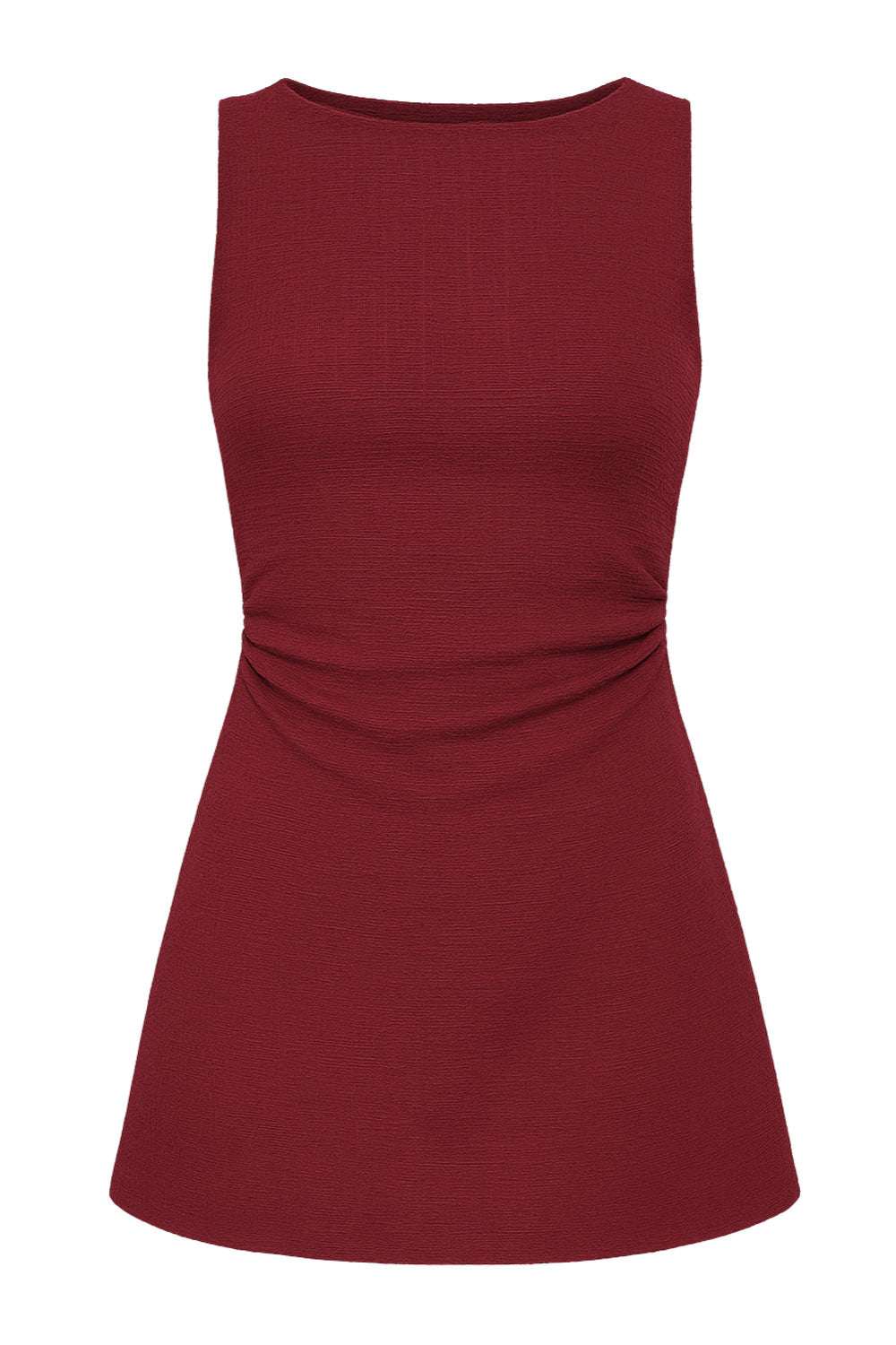 Vestido corto de cuello barco, sin mangas, plisados laterales en cintura, corte en a, rib en bordes y detalle de textura en tejido.