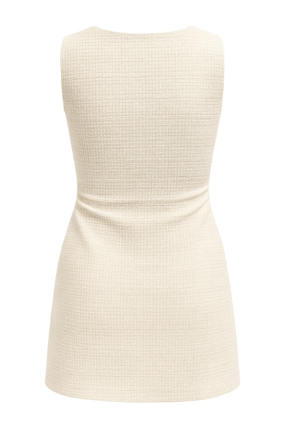 Vestido corto de cuello barco, sin mangas, plisados laterales en cintura, corte en a, rib en bordes y detalle de textura en tejido.