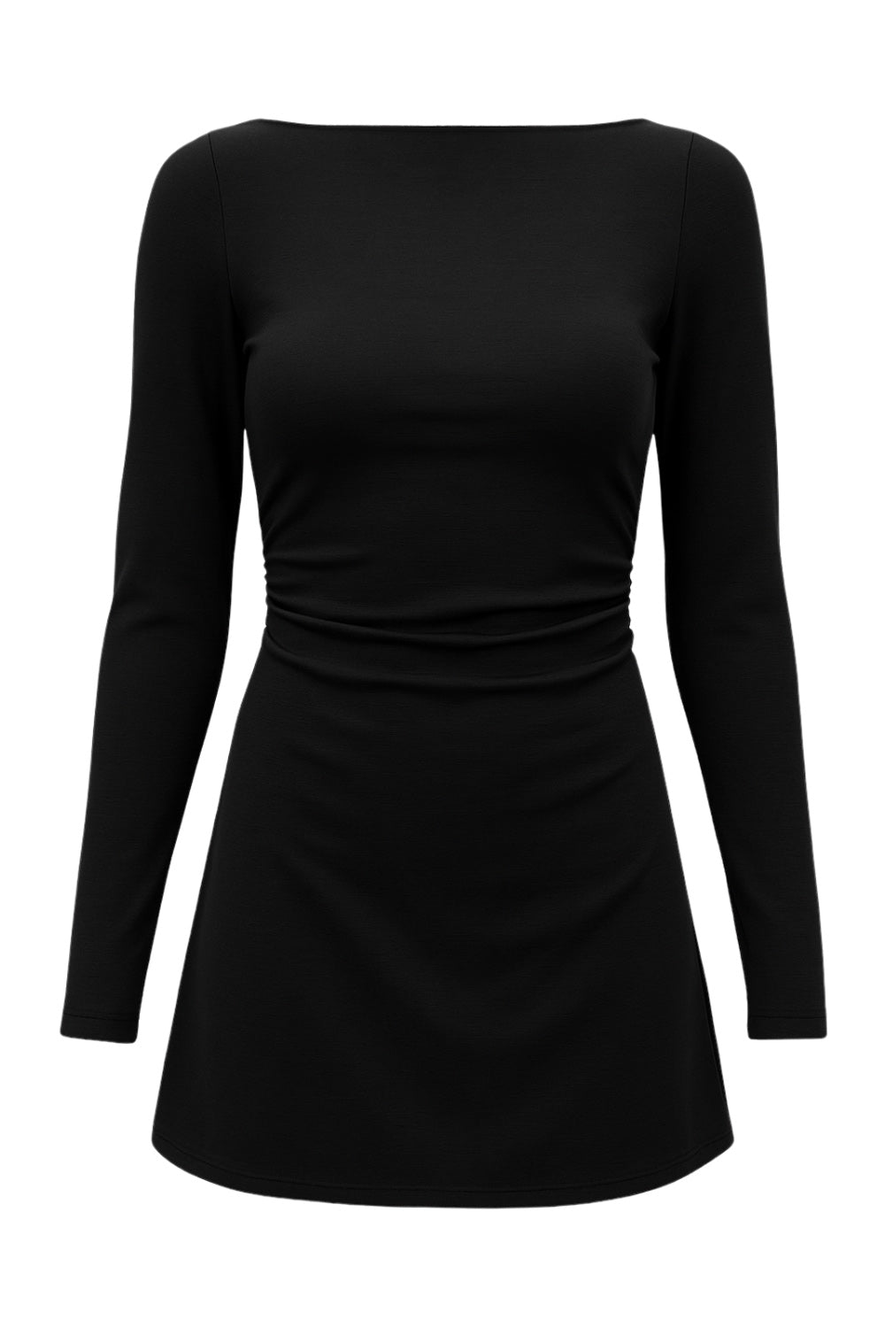 Vestido corto de fit ajustado, corte en a, cuello barco, manga larga y plisados decorativos en cintura.