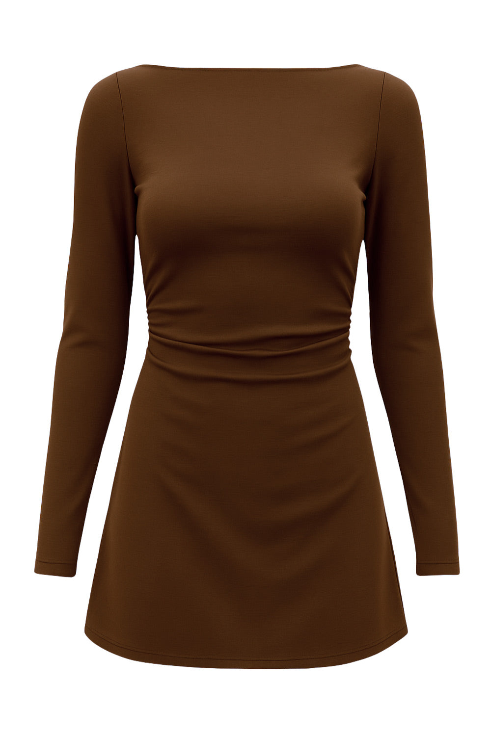 Vestido corto de fit ajustado, corte en a, cuello barco, manga larga y plisados decorativos en cintura.