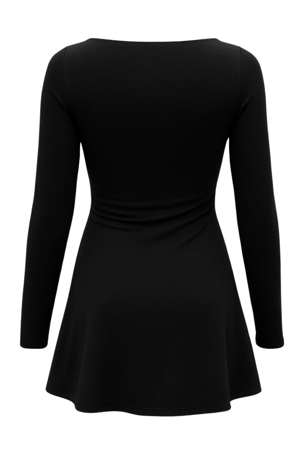 Vestido corto de fit ajustado, corte en a, cuello barco, manga larga y plisados decorativos en cintura.