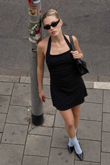 Pleated satin halter mini dress