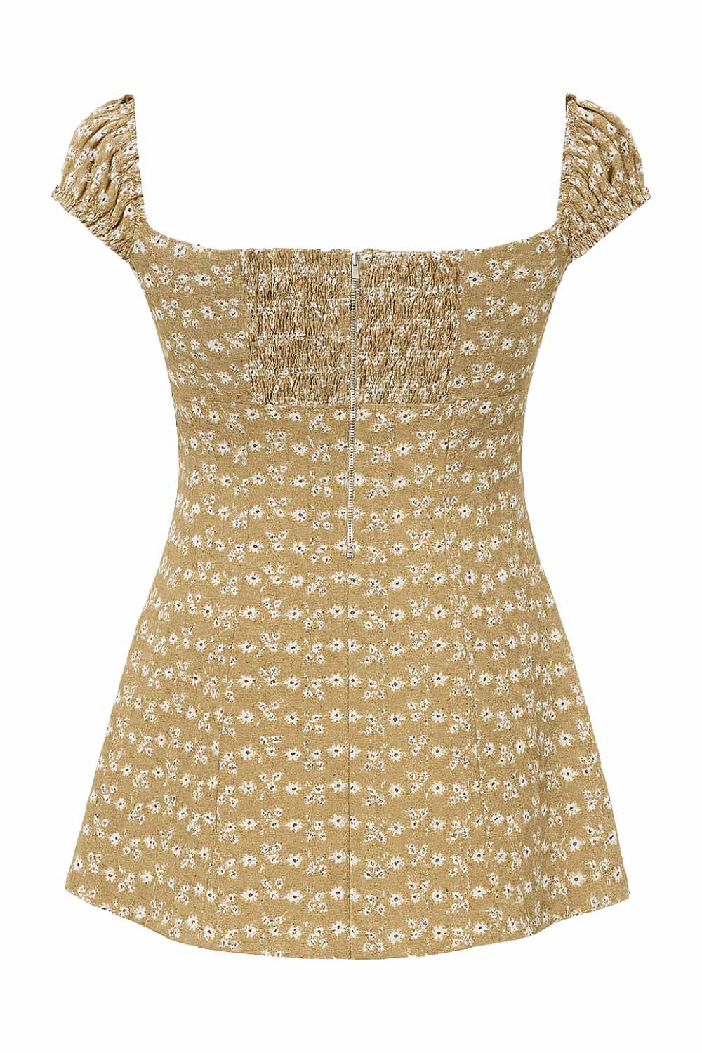 Vestido corto de fit ajustado, manga corta con rib elástico en bordes, escote redondeado con cortes y plisados frontales, lazo amarrable frontal, fruncido en espalda y cierre posterior con cremallera visible en contraste. Detalle de perforado en tejido.