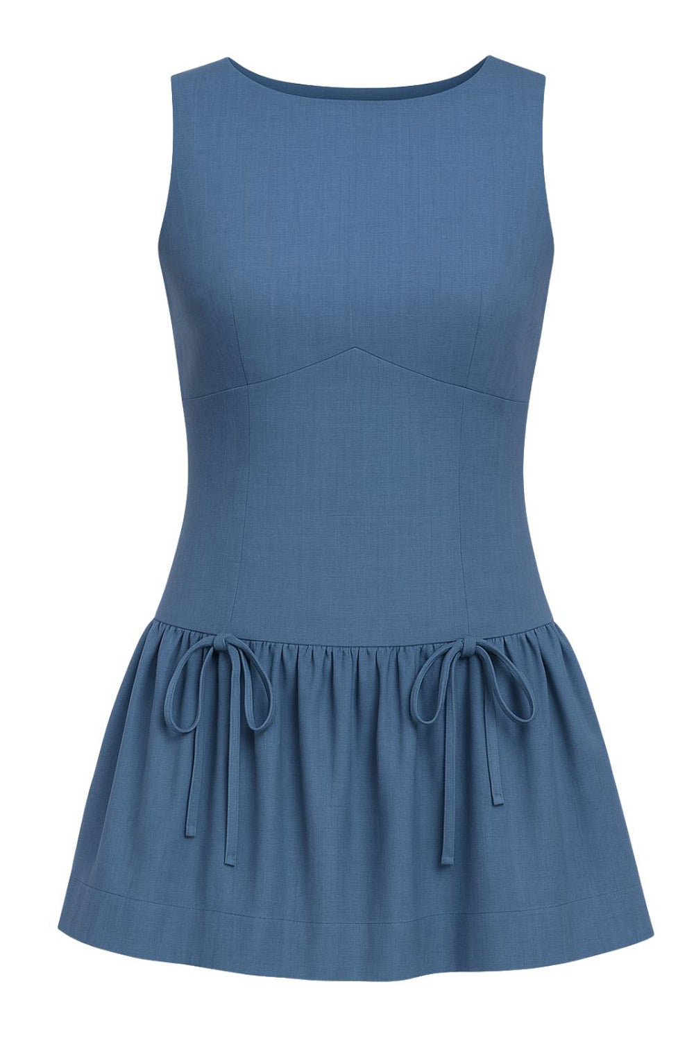 Vestido corto de fit ajustado, cuello redondo, sin mangas, cortes frontales, bajo con olanes y lazos decorativos frontales. Cierre posterior con cremallera visible en contraste.