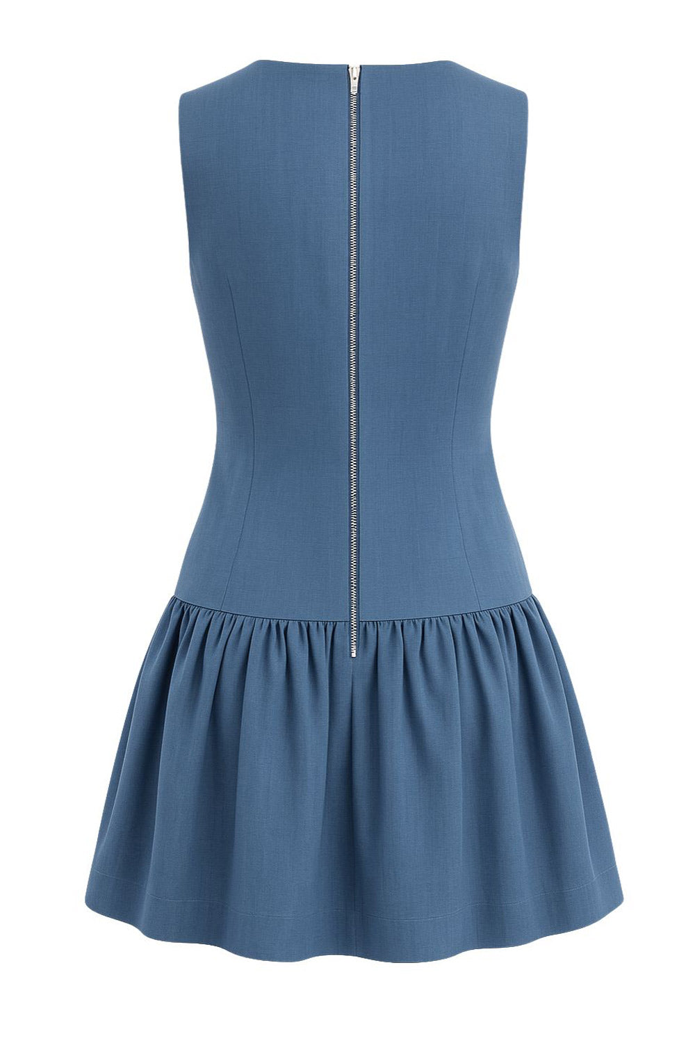 Vestido corto de fit ajustado, cuello redondo, sin mangas, cortes frontales, bajo con olanes y lazos decorativos frontales. Cierre posterior con cremallera visible en contraste.