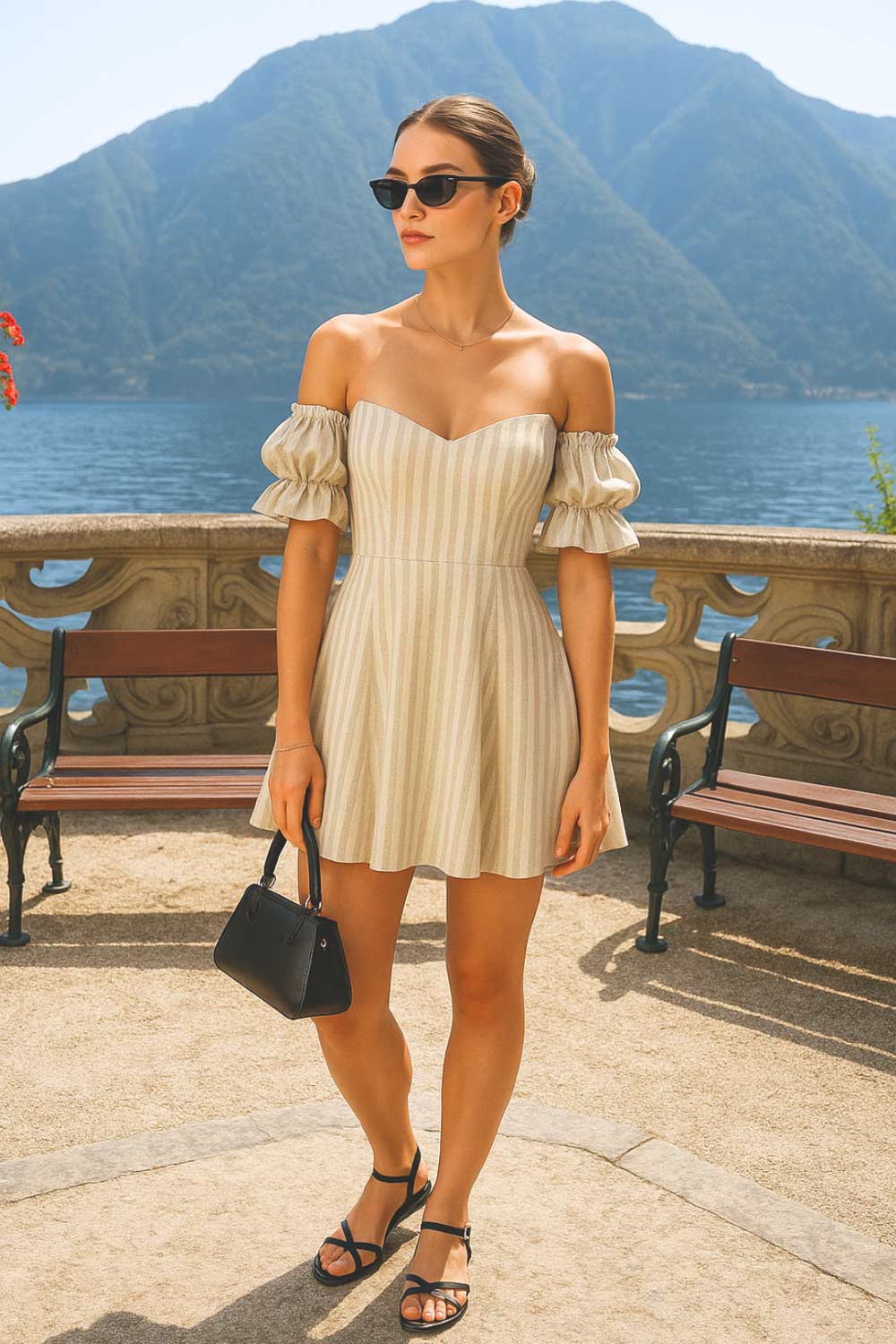 Vestido corto de hombros descubiertos, estampado rayas, escote corazón, manga corta abullonada con rib elástico y olanes en borde, corte en a y cierre posterior con cremallera oculta.