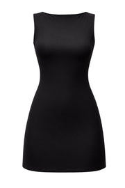 Vestido corto básico de fit ajustado, sin mangas y cuello barco.