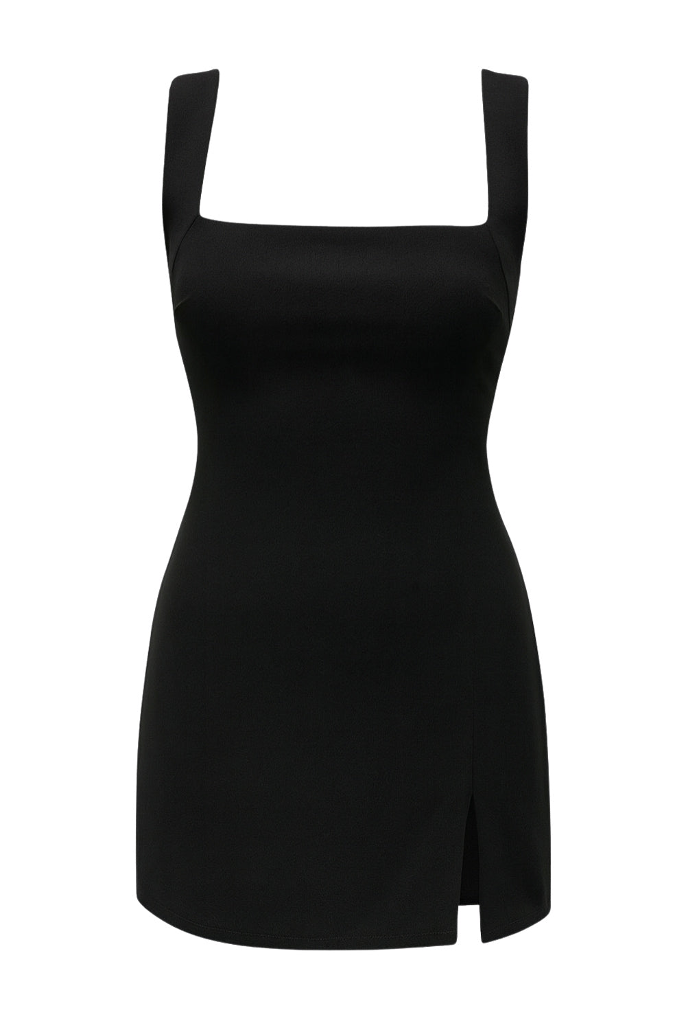 Vestido corto básico de fit ajustado, sin mangas, escote cuadrado, abertura frontal en bajo y cierre posterior con cremallera oculta.