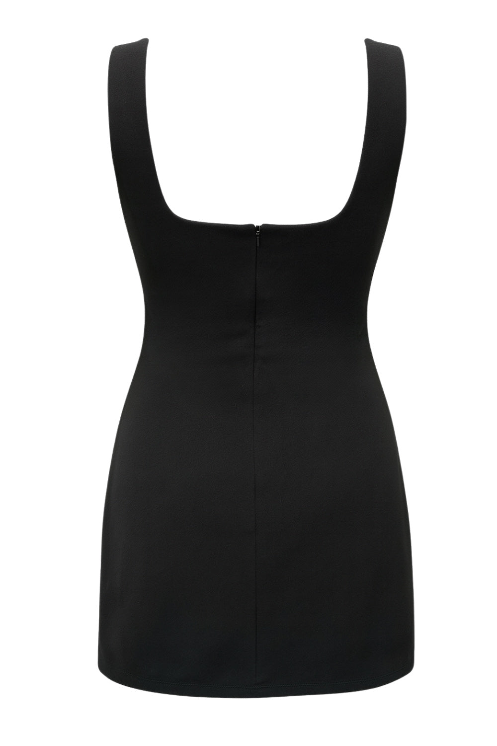 Vestido corto básico de fit ajustado, sin mangas, escote cuadrado, abertura frontal en bajo y cierre posterior con cremallera oculta.