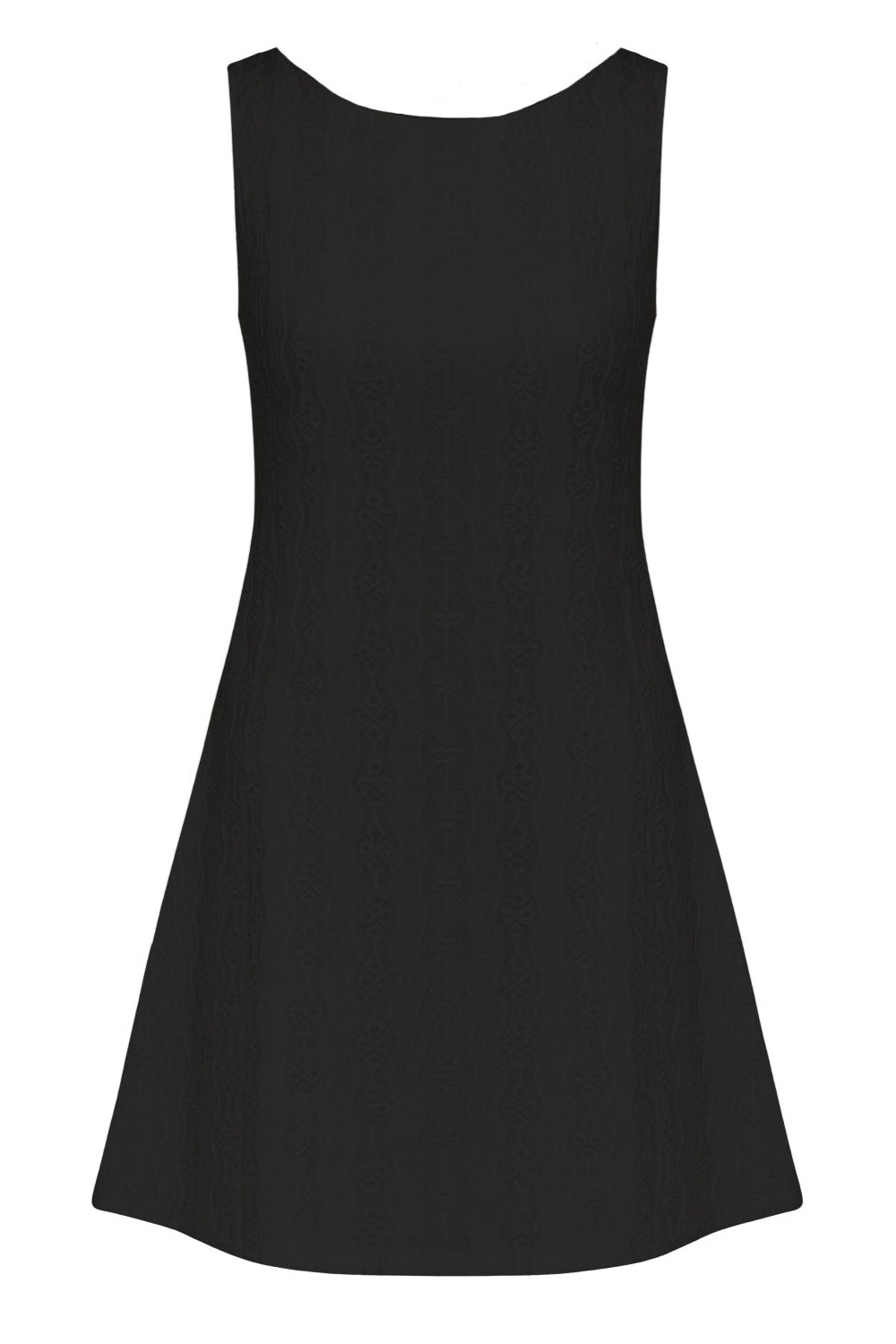 Vestido corto de fit recto, sin mangas, cuello barco y escote en espalda con lazo amarrable posterior. Detalle de textura en tejido.