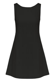 Vestido corto de fit recto, sin mangas, cuello barco y escote en espalda con lazo amarrable posterior. Detalle de textura en tejido.