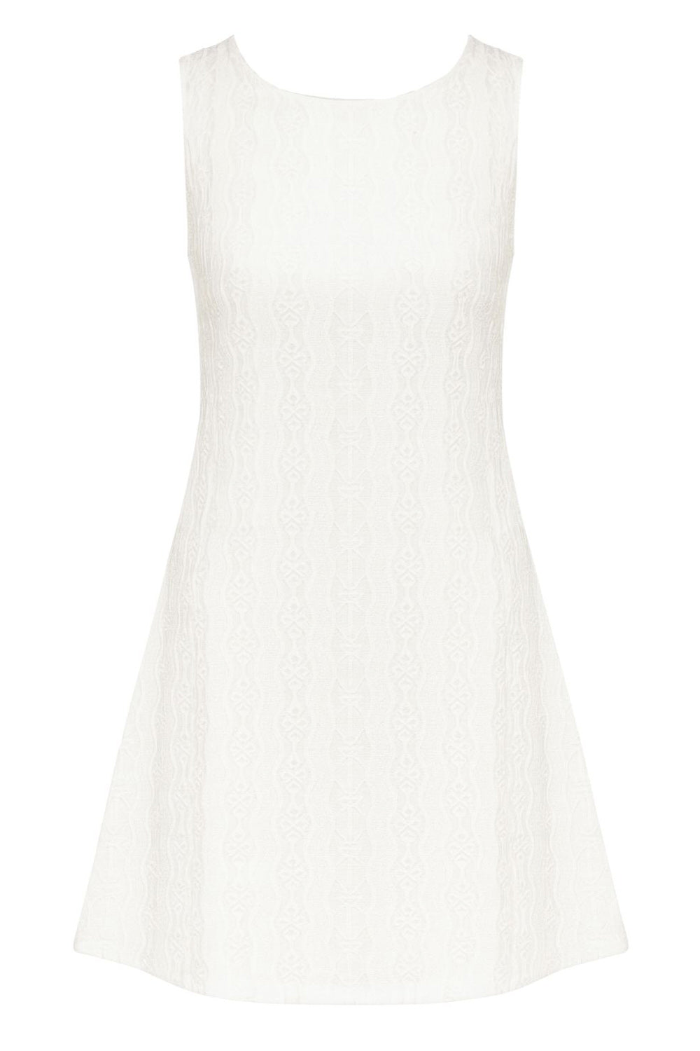 Vestido corto de fit recto, sin mangas, cuello barco y escote en espalda con lazo amarrable posterior. Detalle de textura en tejido.