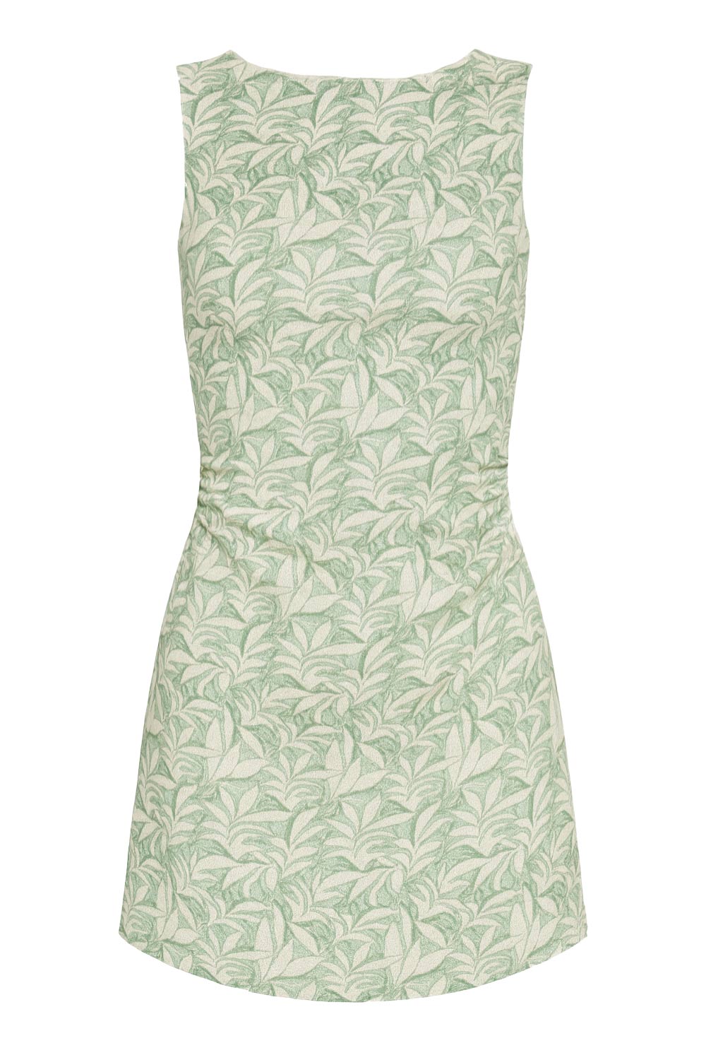 Vestido corto estampado, de fit ajustado, cuello barco, sin mangas y detalle de plisados laterales en cintura.