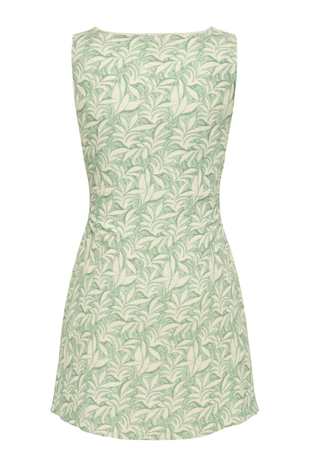 Vestido corto estampado, de fit ajustado, cuello barco, sin mangas y detalle de plisados laterales en cintura.