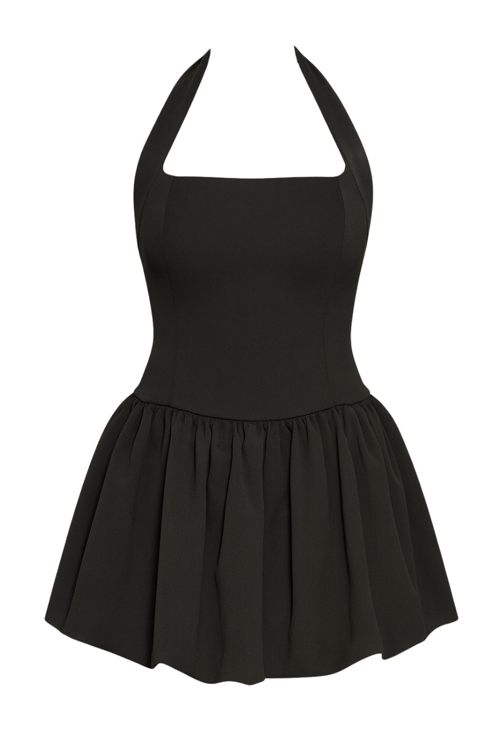 Vestido corto globo de cuello halter con lazo amarrable posterior, fit ajustado, escote cuadrado, cortes frontales, bajo con acabado en volumen y plisados en cadera. Cierre posterior con cremallera visible en contraste.