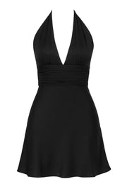 Vestido corto satinado de escote v, cuello halter con lazo amarrable posterior, corte en a, plisados en cintura con lazo decorativo posterior y cierre con cremallera oculta.