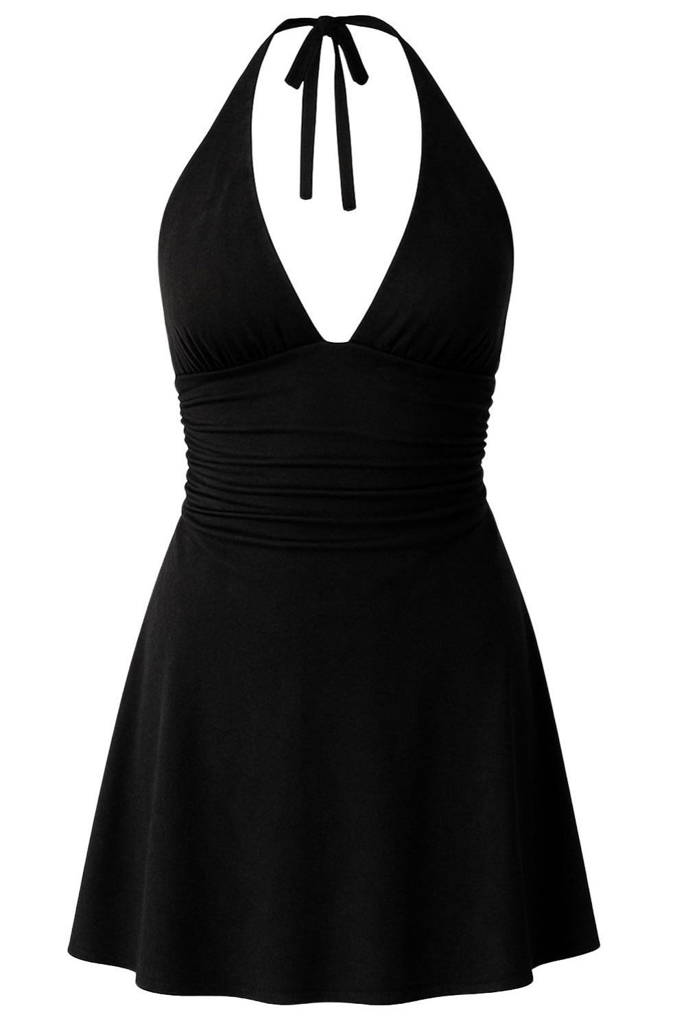 Vestido corto de fit ajustado, cuello halter con lazo amarrable posterior, escote v con cortes, plisados en costados y corte en a.