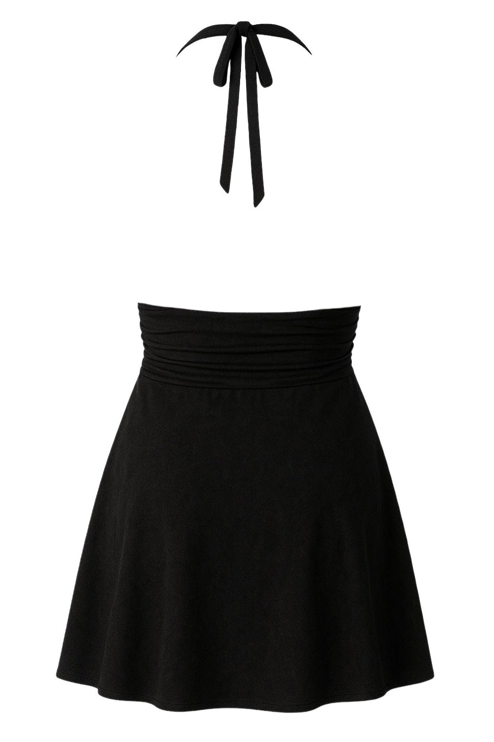 Vestido corto de fit ajustado, cuello halter con lazo amarrable posterior, escote v con cortes, plisados en costados y corte en a.