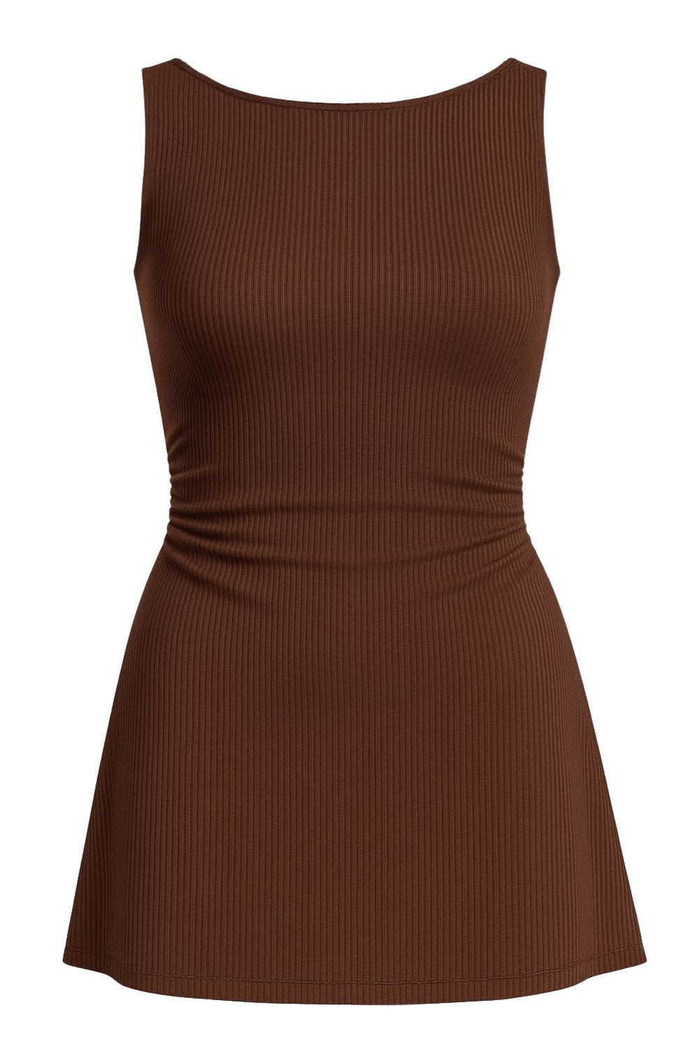 Vestido corto básico canalé de fit ajustado, sin mangas, corte en a, cuello barco y plisados en laterales en cintura.