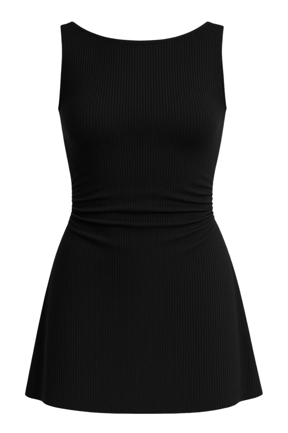 Vestido corto básico canalé, de corte en a, cuello barco, sin mangas y detalles plisados en costado.