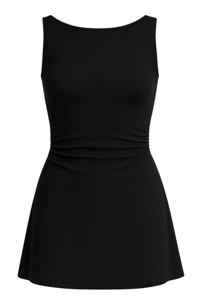 Vestido corto básico canalé, de corte en a, cuello barco, sin mangas y detalles plisados en costado.