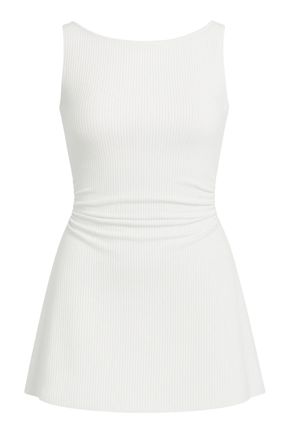 Vestido corto básico canalé, de corte en a, cuello barco, sin mangas y detalles plisados en costado.