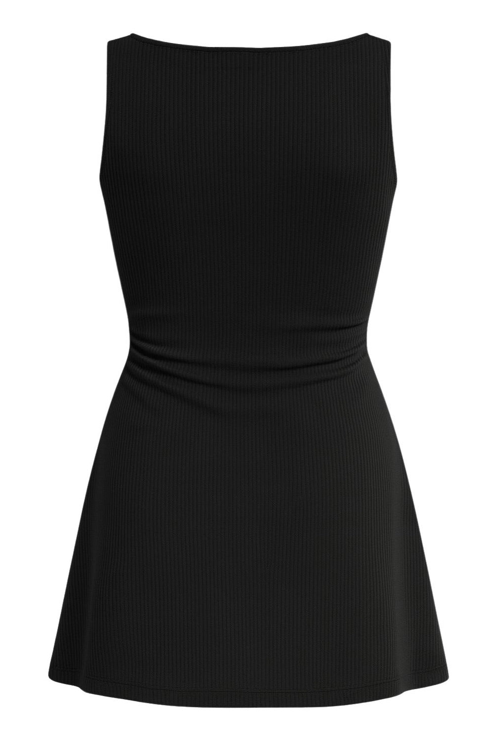 Vestido corto básico canalé, de corte en a, cuello barco, sin mangas y detalles plisados en costado.