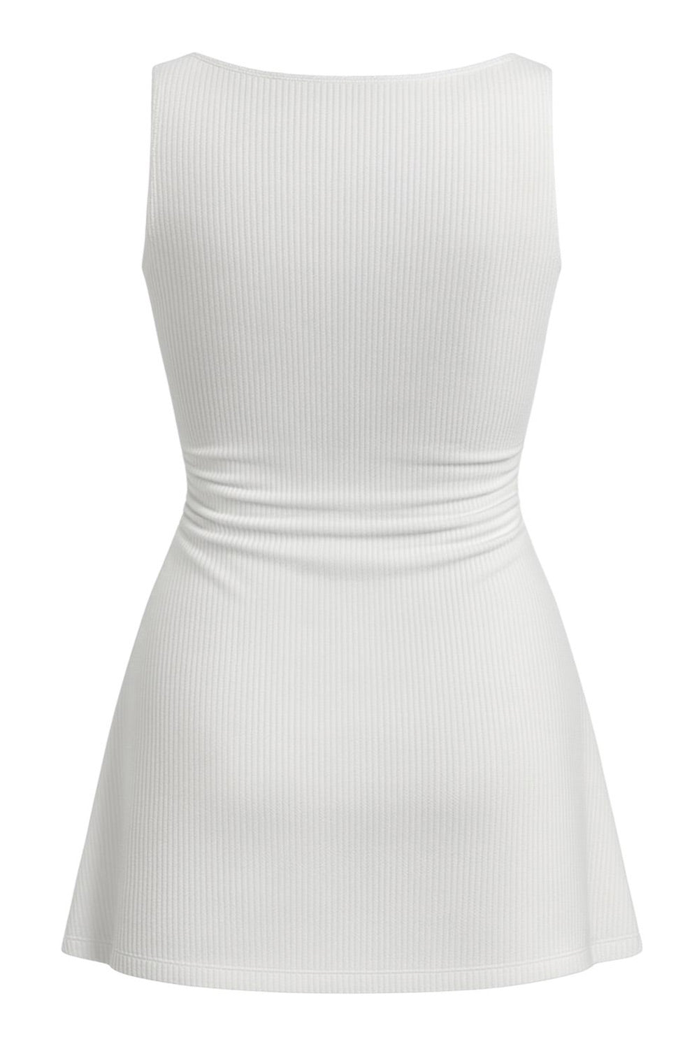 Vestido corto básico canalé, de corte en a, cuello barco, sin mangas y detalles plisados en costado.