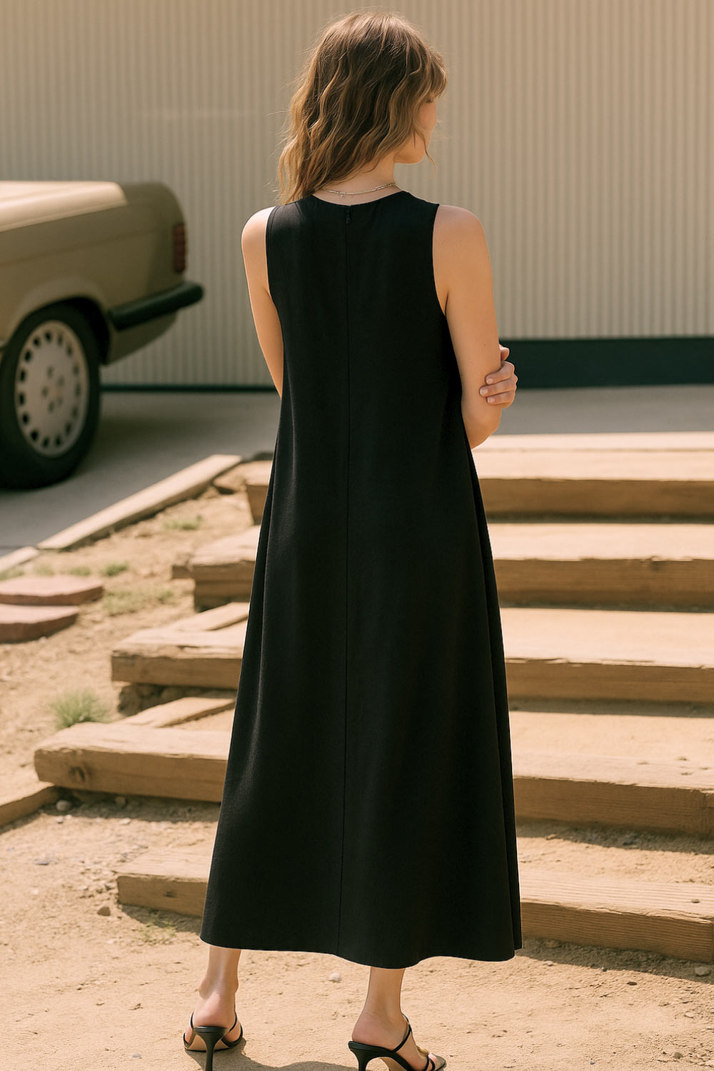Vestido midi básico de fit fluido, corte en a, sin mangas, bolsillos delanteros y cuello redondo. Cierre posterior con botón y ojal.