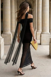 Vestido largo plisado de mesh, fit ajustado, hombros descubiertos, manga corta seguida, escote recto con plisados frontales, en hombros y costados. Detalle de transparencia en bajo y choker.
