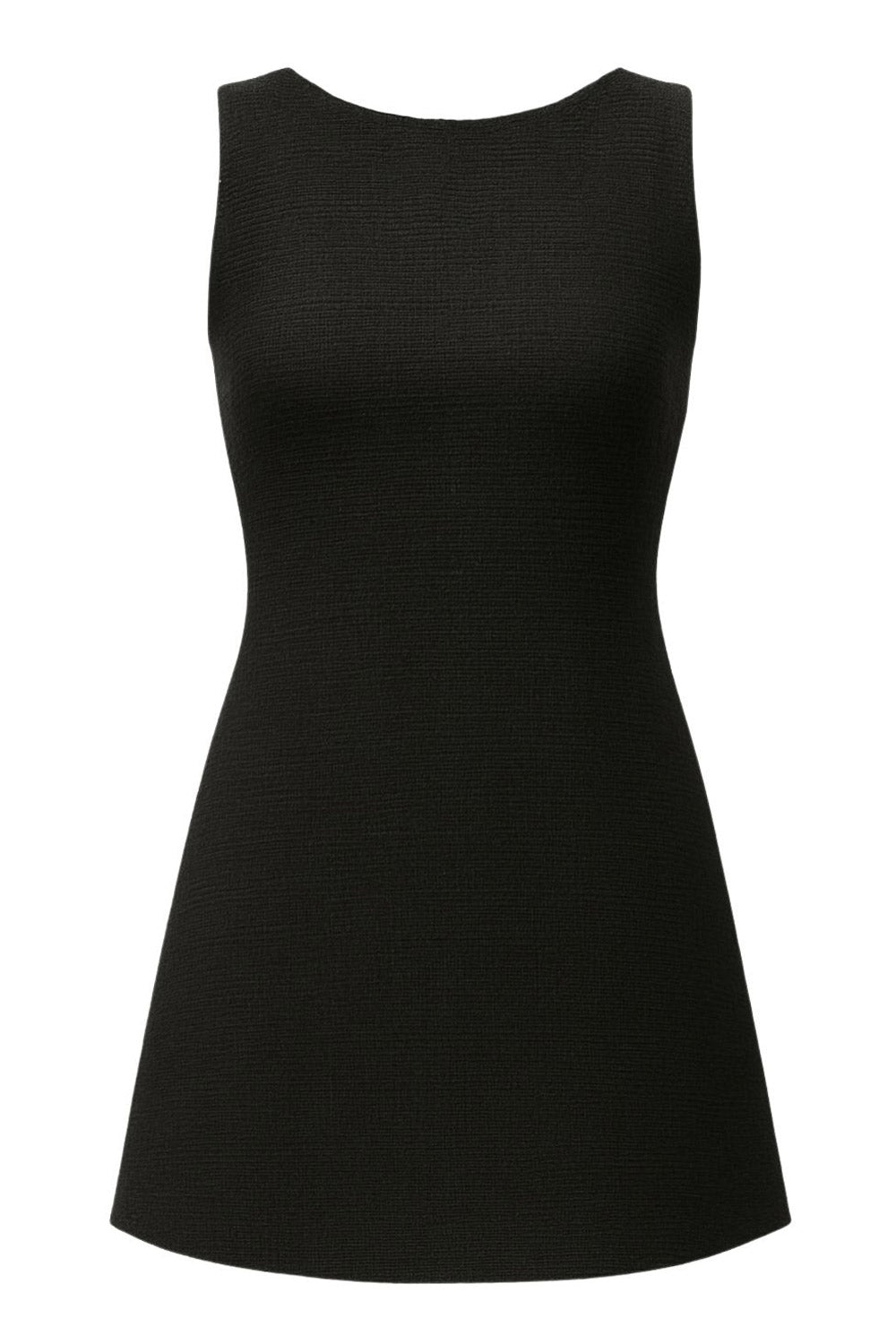 Vestido corto de fit recto, sin mangas, cuello barco y escote en espalda con lazo amarrable posterior.