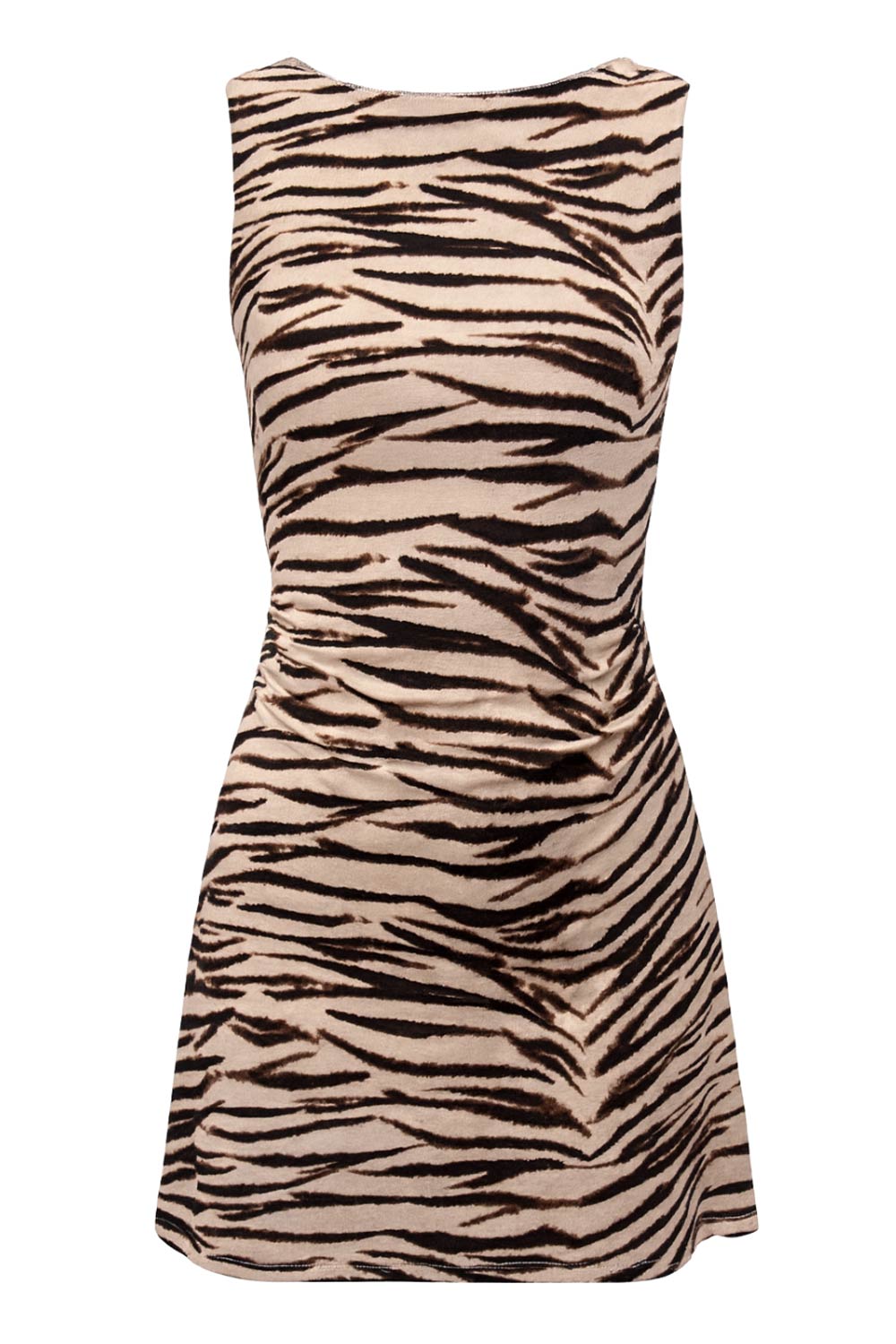 Vestido corto de estampado animal, fit ajustado, sin mangas, corte en a, cuello barco y plisados en laterales en cintura.