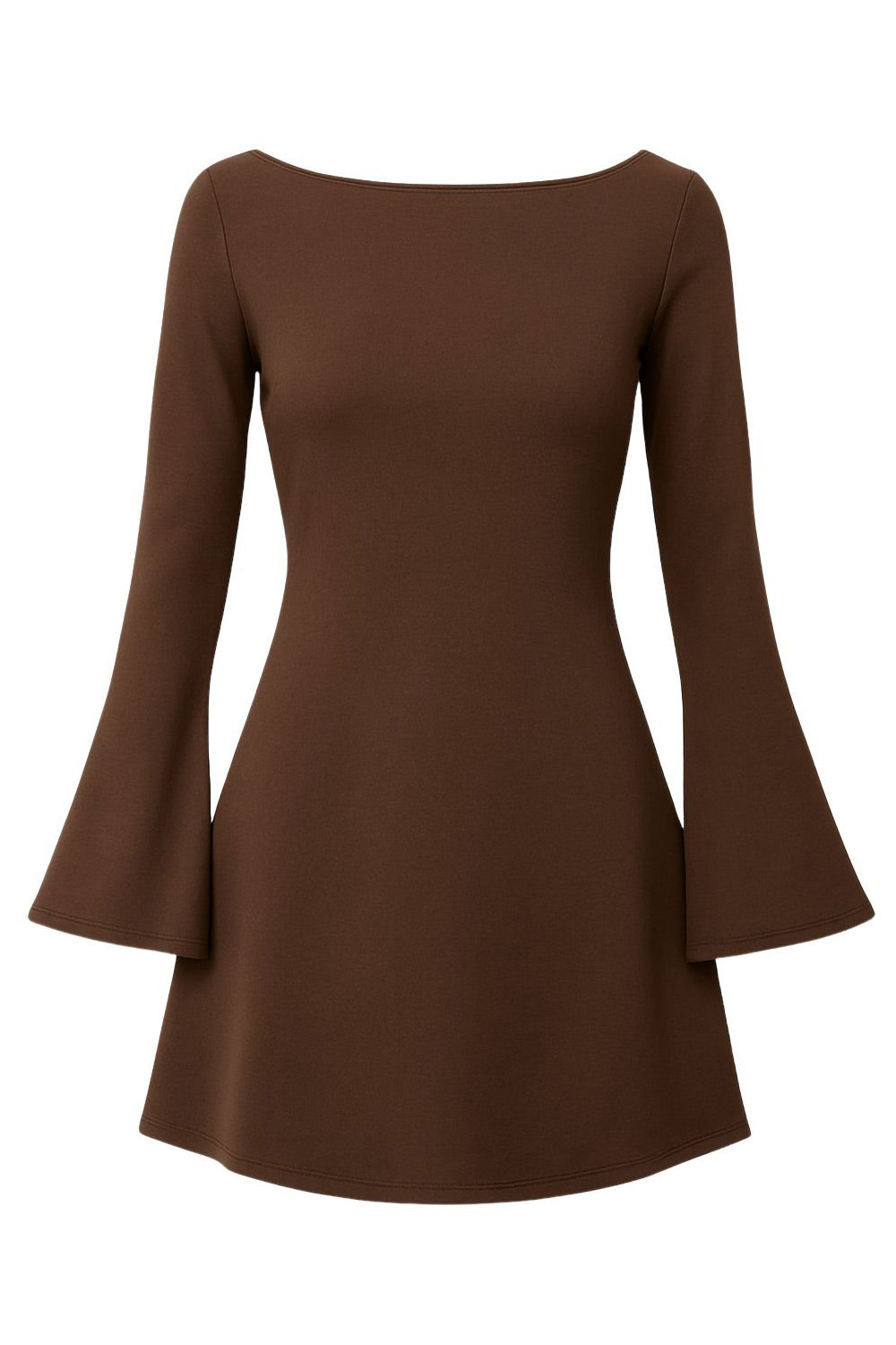 Vestido corto de fit ajustado, manga larga con puño amplio, cuello barco y escote en espalda con lazo amarrable posterior.