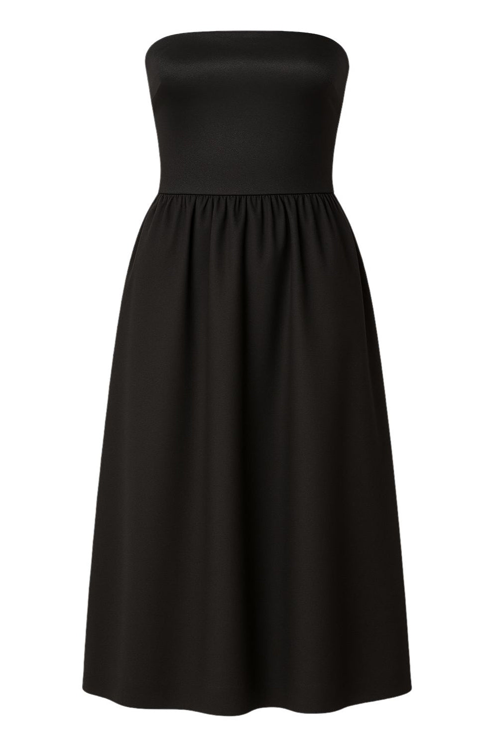 Vestido midi strapless de escote recto, fit ajustado, detalle v frontal en cintura con plisados, corte en a y cierre lateral con cremallera oculta.