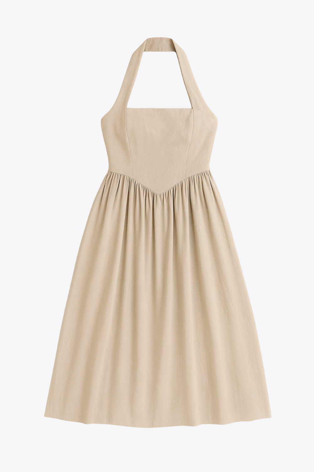 Vestido midi de cuello halter, sin mangas, escote recto, corte en a, corte v en cintura con plisados y fruncido en espalda.