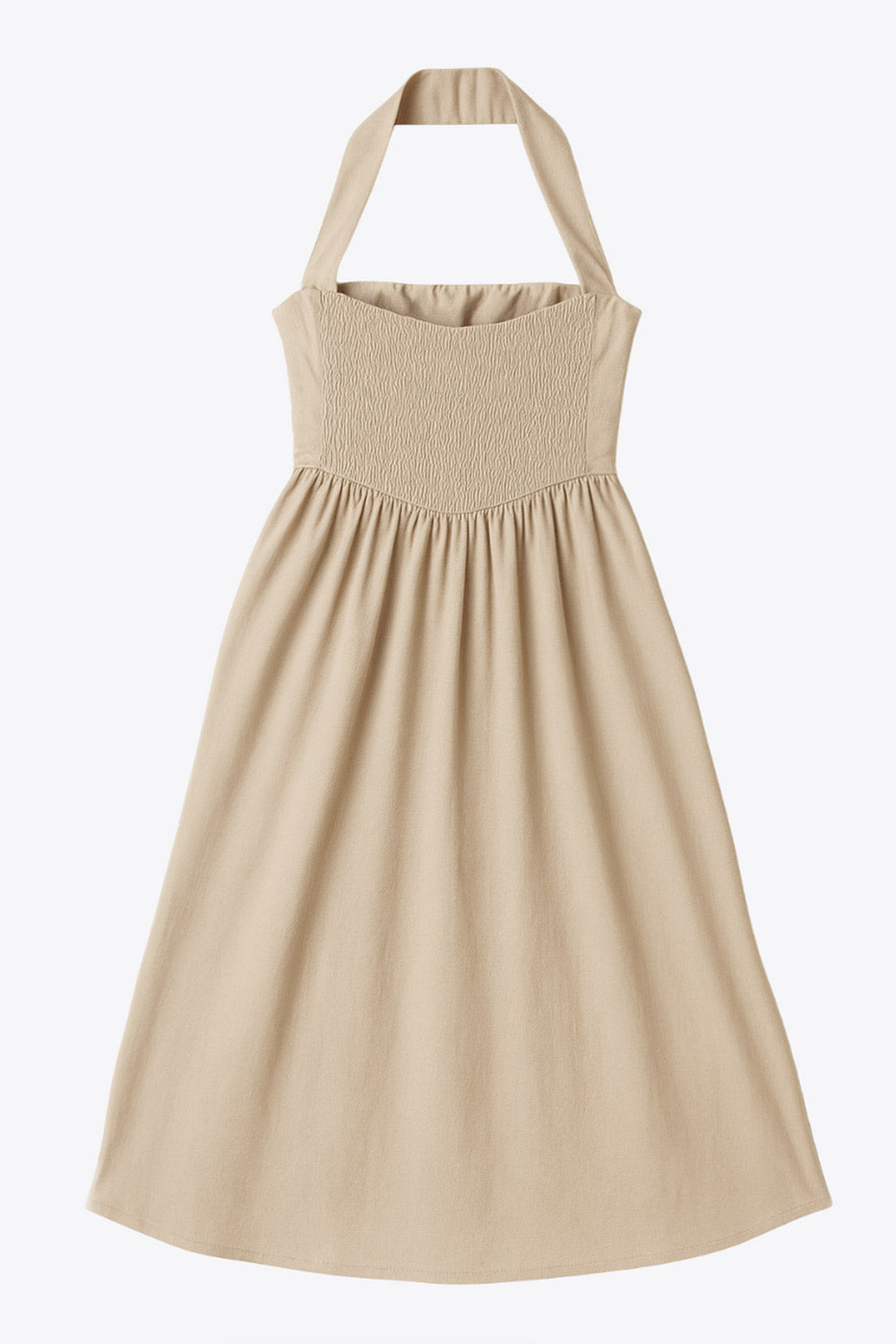 Vestido midi de cuello halter, sin mangas, escote recto, corte en a, corte v en cintura con plisados y fruncido en espalda.