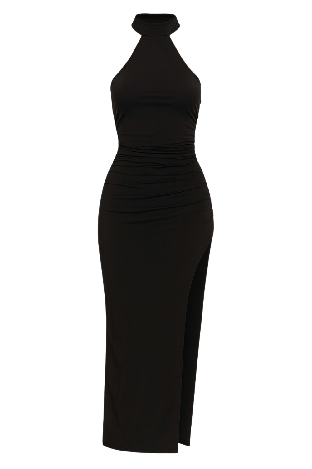 Vestido midi de fit ajustado, cuello alto halter, sin mangas, plisados en costados y abertura lateral en bajo. Cierre posterior con botones y ojales.