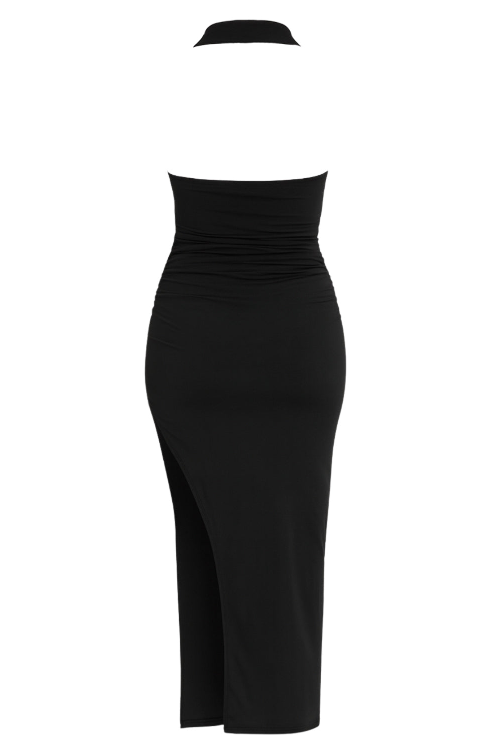 Vestido midi de fit ajustado, cuello alto halter, sin mangas, plisados en costados y abertura lateral en bajo. Cierre posterior con botones y ojales.