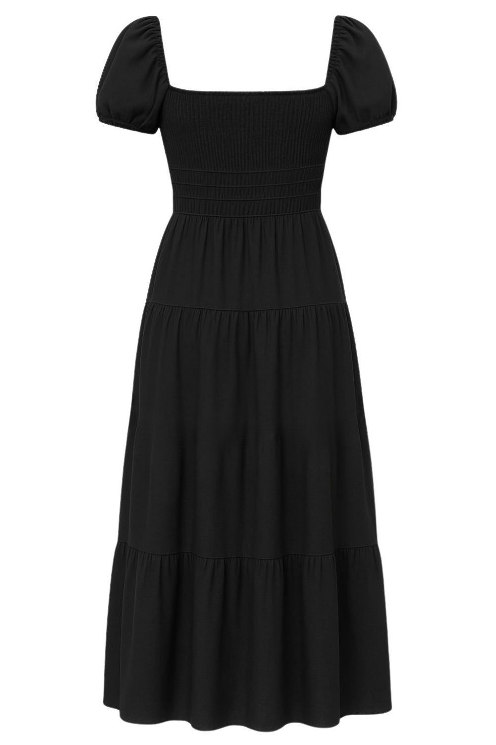 Vestido midi de corte en a, manga corta abullonada con rib elástico en bordes, escote cuadrado, plisados frontales, rib elástico en cintura y bajo con capas de olanes. Detalle de fruncido en espalda.