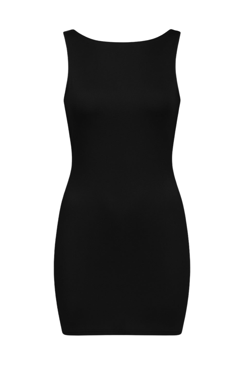 Vestido corto de fit ajustado, cuello barco, sin mangas, escote profundo en espalda con detalle fluido y lazo amarrable posterior.