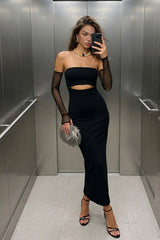 Vestido strapless ajustado cut out mangas mesh