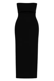 Vestido largo strapless, de fit ajustado, escote recto, cut out decorativo frontal y cierre posterior con cremallera visible en contraste. Detalle de abertura posterior en bajo y mangas decorativas de mesh en contraste.