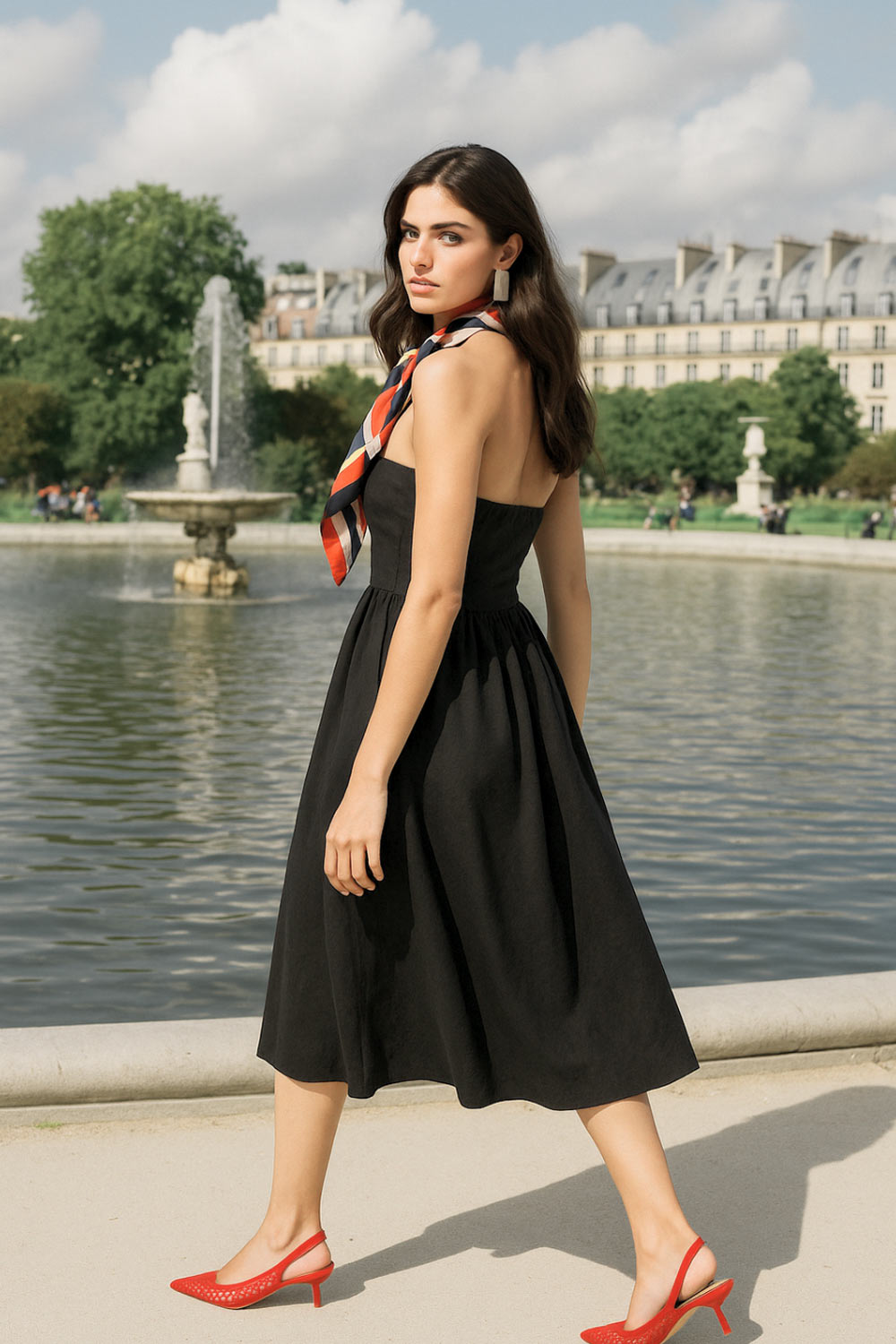 Vestido midi strapless de escote recto, fit ajustado, detalle v frontal en cintura con plisados, corte en a y cierre lateral con cremallera oculta.