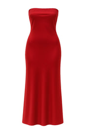 Vestido largo satinado fit ajustado, strapless y escote recto.
