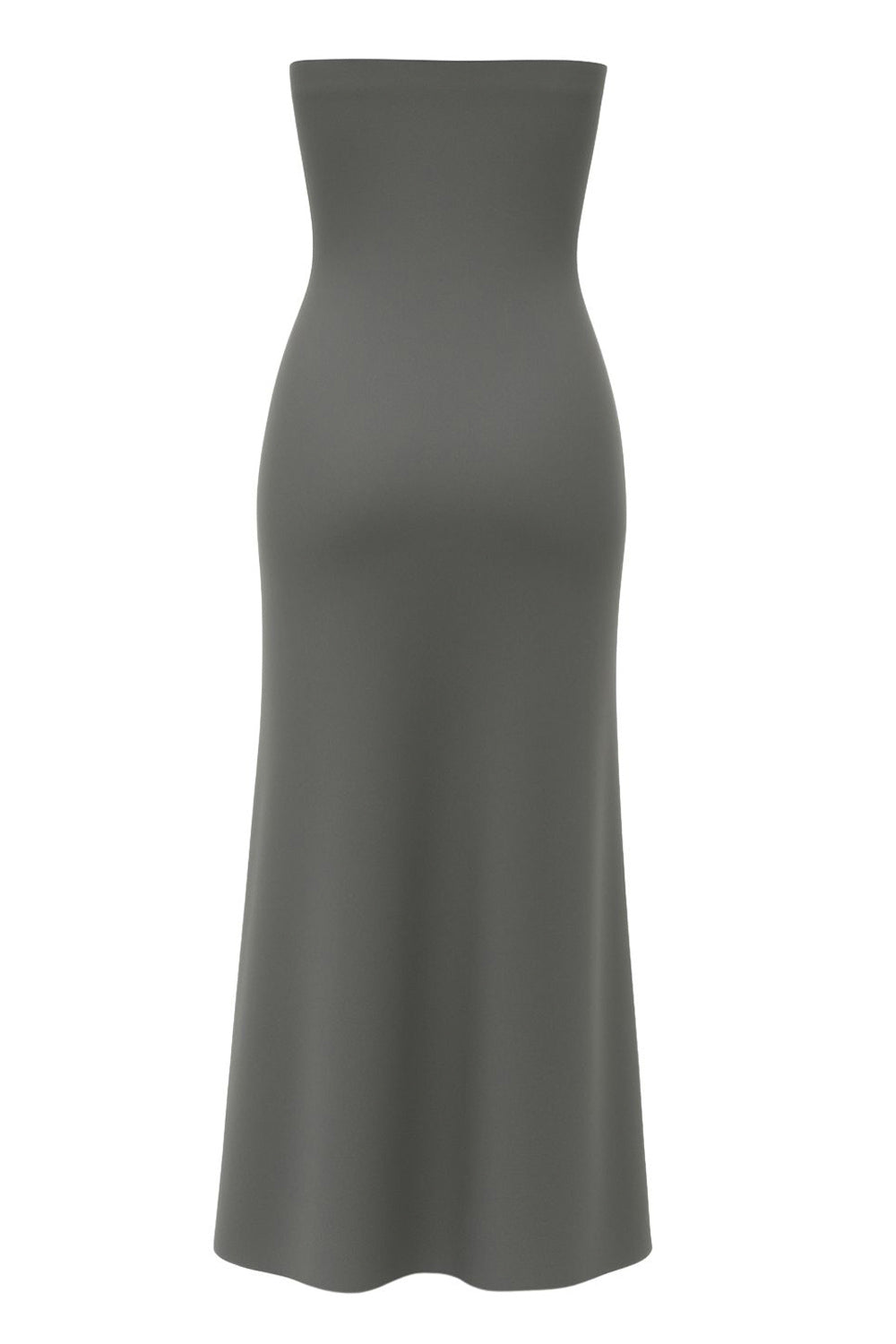 Vestido largo satinado fit ajustado, strapless y escote recto.